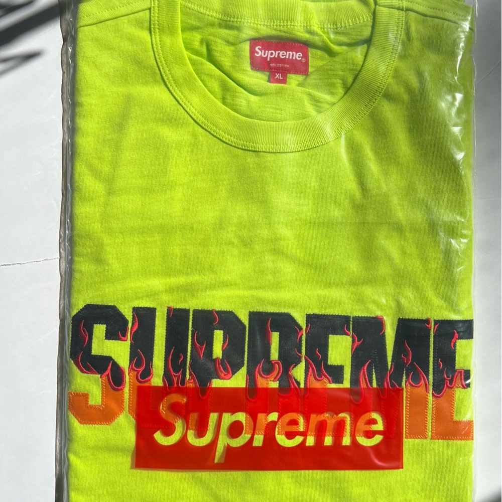Supreme Flame Logo Tee Bright Green (New in Bag) Size XL